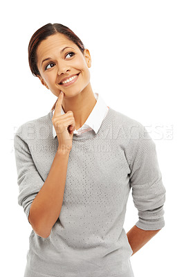 Buy stock photo Thinking, idea and woman with smile, problem solving and solution or planning ideas. Pensive question, thoughtful and model focus on strategy, choice or vision isolated on white studio background