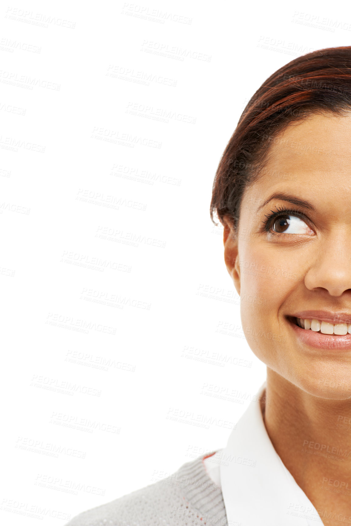 Buy stock photo Thinking, happiness and woman as school teacher for guidance counsellor on white background. Female person, smile and cropped for education, planning and development with mock up space for idea