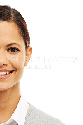 Buy stock photo Portrait, happiness and woman or school teacher as guidance counsellor on white background. Female person, smile and cropped for career in education, learning or development with mock up space in UK