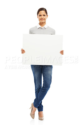 Buy stock photo Woman, sign board and happy on portrait in studio background for promotion with mockup space. Female person, poster and presentation for marketing or advertising with instructions or information 