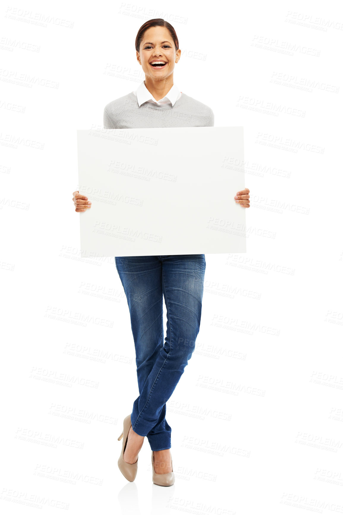 Buy stock photo Studio, smile and portrait of woman with poster mockup for deal, promo or happy news announcement. Signage, card and girl showing sign for sale, presentation or product info on white background space