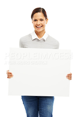 Buy stock photo Woman, employee and portrait with poster in studio with white background and mockup space. Female person, sign board and happy with presentation for marketing, promo and advertising with information