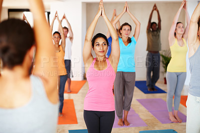 Buy stock photo Stretching, yoga and people with personal trainer for class fitness, exercise and workout on sports mat. Pilates, health club and men and women with instructor for wellness, balance and healthy body