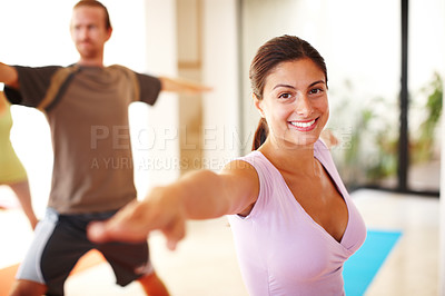 Buy stock photo Portrait, smile and stretching, woman in yoga class for fitness, commitment and body wellness. Pilates, men and women in gym together for holistic health, mindfulness and happy girl at exercise club.