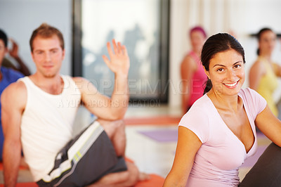 Buy stock photo Portrait, stretching and woman in yoga class for fitness, body exercise and happy mindfulness. Club, pilates and group of people in holistic health retreat for wellness, balance and smile on face.