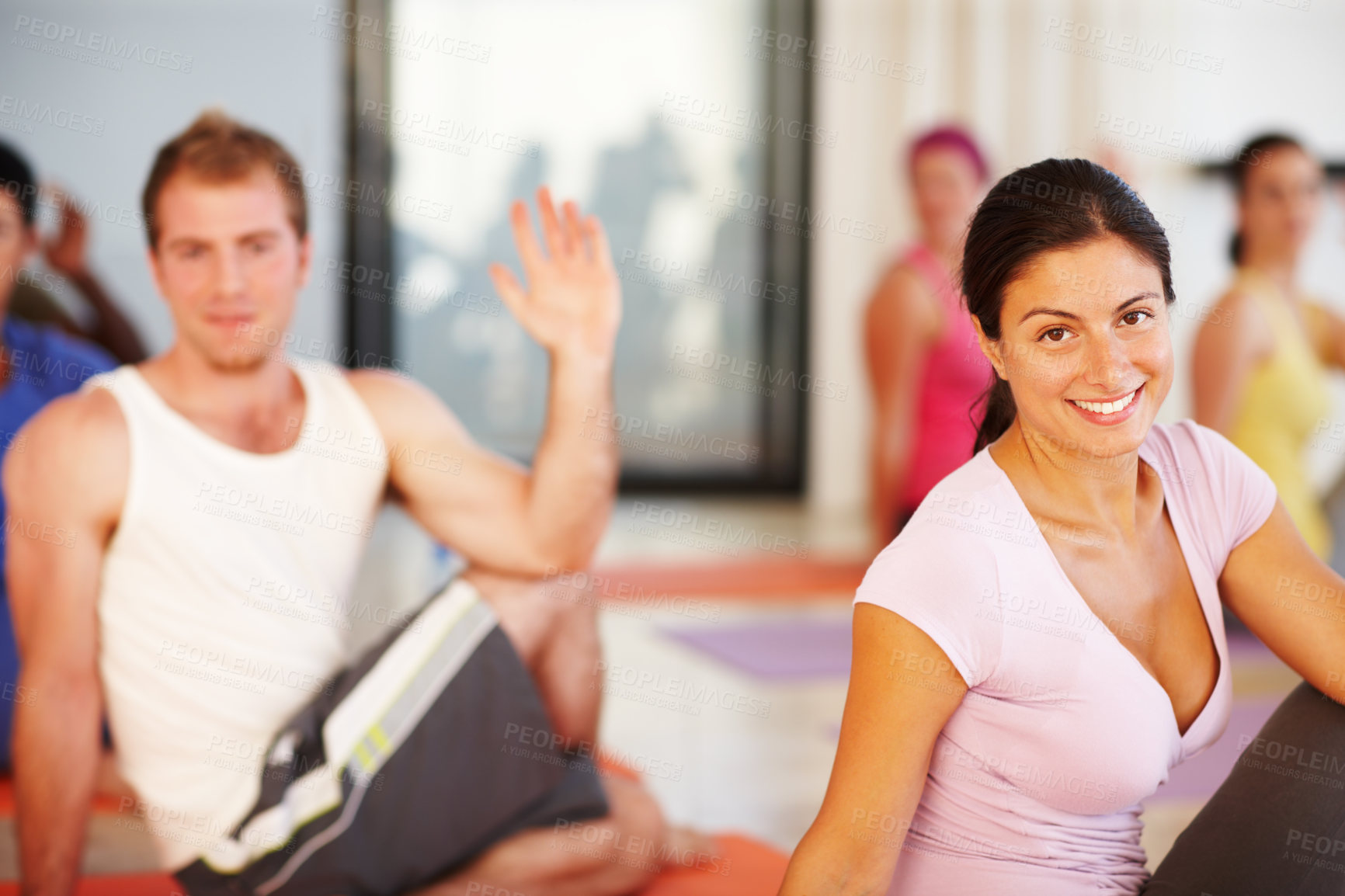 Buy stock photo Portrait, stretching and woman in yoga class for fitness, body exercise and happy mindfulness. Club, pilates and group of people in holistic health retreat for wellness, balance and smile on face.