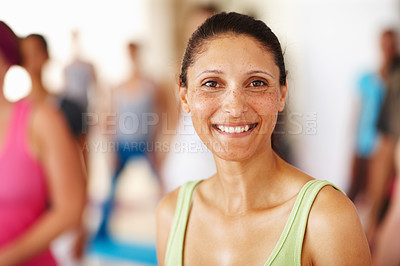 Buy stock photo Woman, portrait and instructor at yoga class, exercise and group ready for fitness at gym. Female person, yogi teacher and coach for mindfulness at studio, support and trainer for training at centre