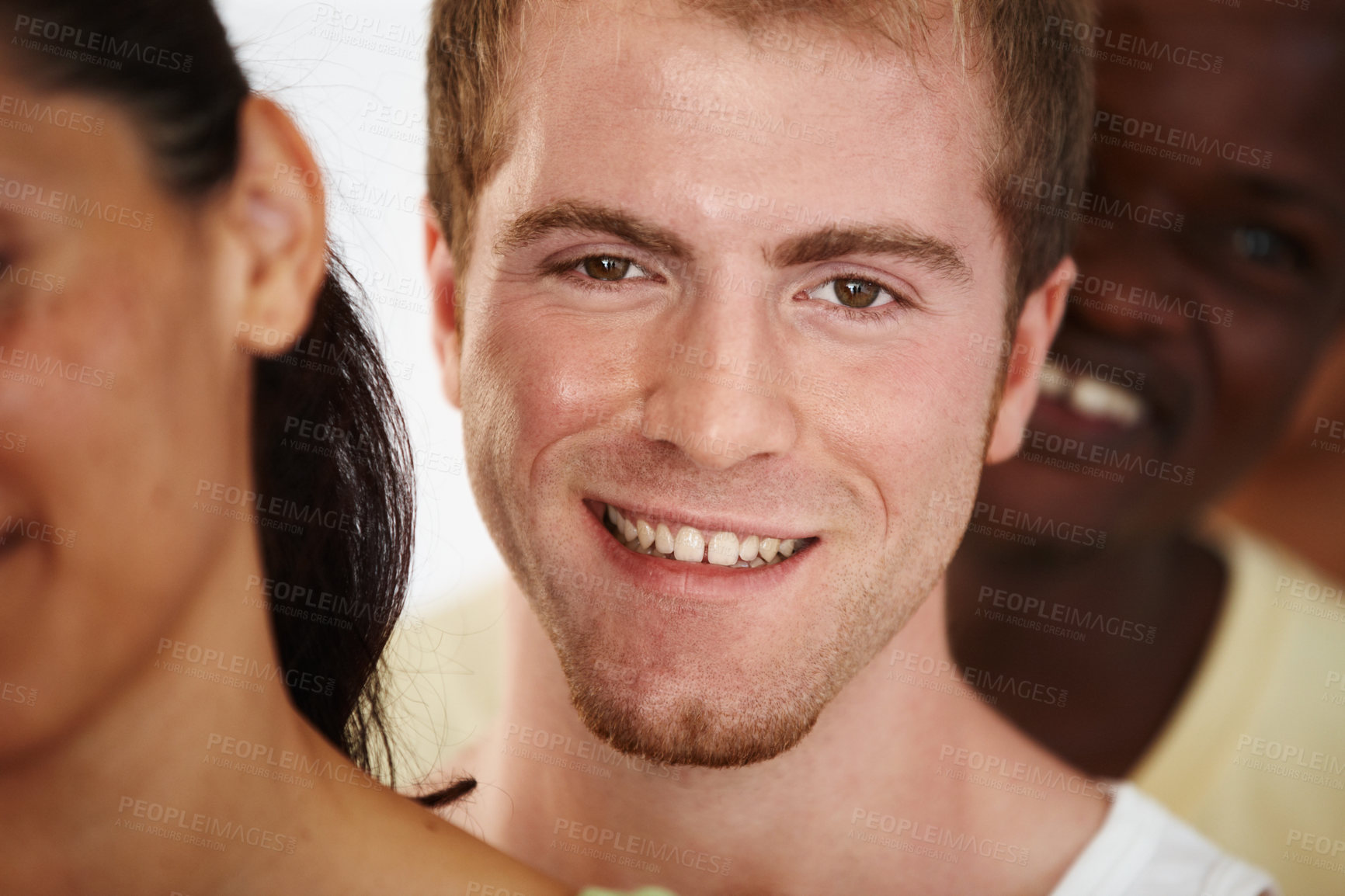 Buy stock photo Man, smile and yoga class line in group for portrait, health and exercise with diversity at wellness studio. Male person, people and happiness for relax, fitness and ready with community in Canada 