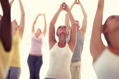 Buy stock photo Yoga, stretching and men and women in class for wellness, health and workout for mobility. Studio, gym and group of people for exercise, training and fitness for pilates, balance and flexibility