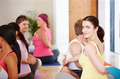 Buy stock photo Portrait, yoga and woman in fitness class for teamwork, wellness and stretching for healthy body care. Diversity, friends and people at exercise club together for balance, mindfulness and zen workout