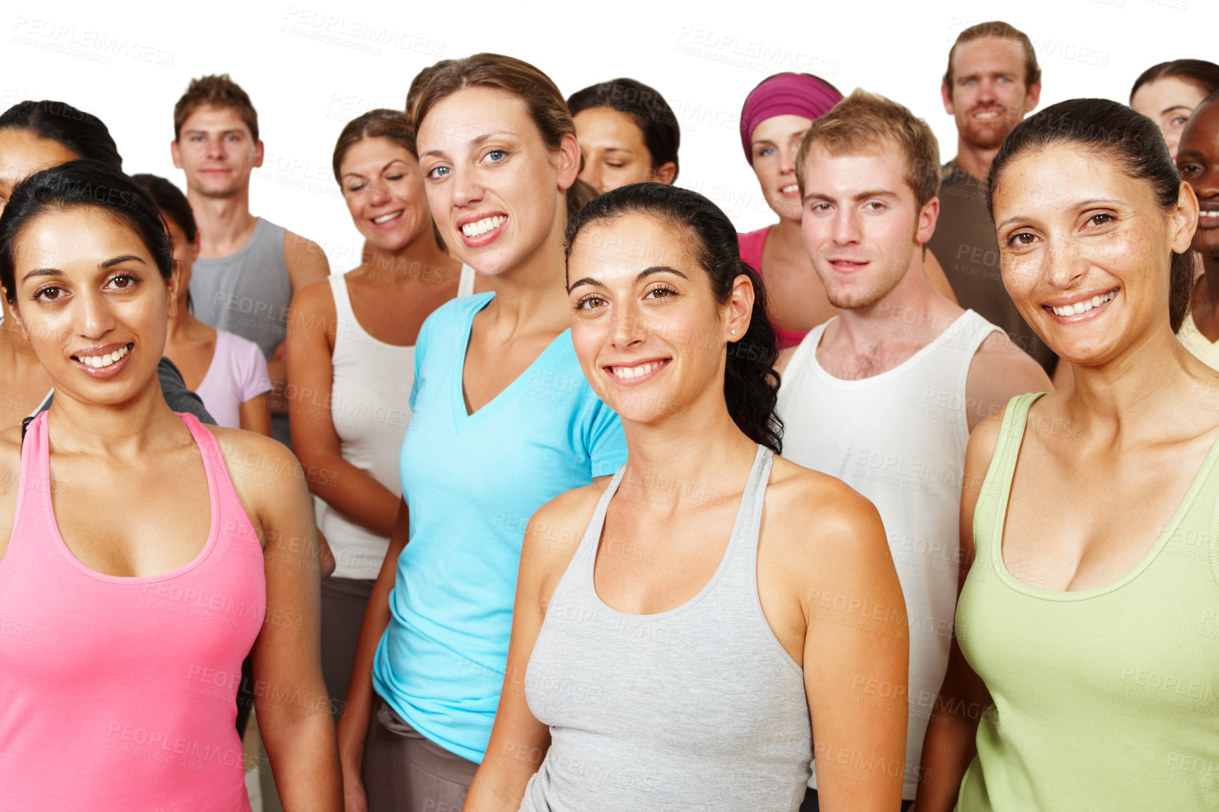 Buy stock photo A happy yoga class standing together on a white background