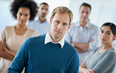 Buy stock photo Group, portrait and businessman in office with confidence for collaboration, partnership or support. Media agency, diversity and employees with startup for solidarity, trust or company development