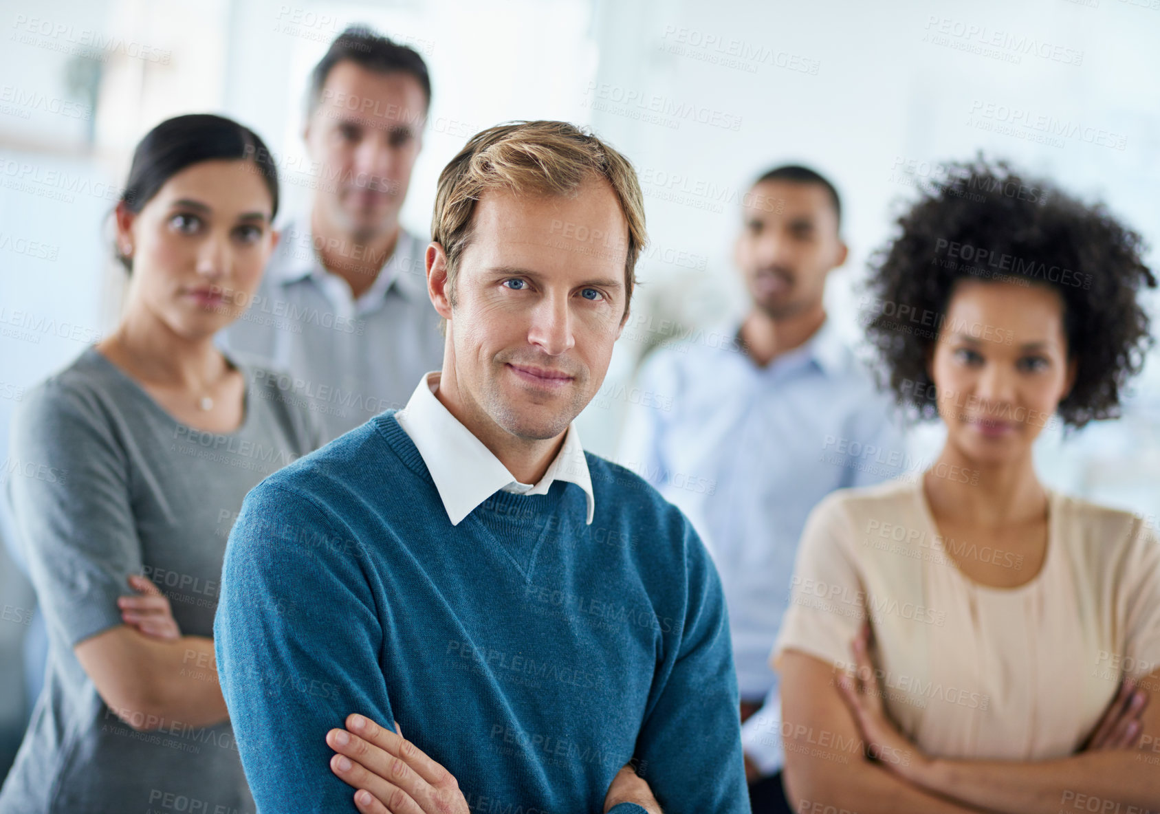 Buy stock photo Smile, crossed arms and portrait of business people in office with diversity, pride and legal career. Confident, collaboration and manager with team of professional lawyers for solidarity and unity.