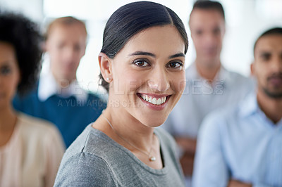 Buy stock photo Portrait of a group of diverse colleagues standing in an office