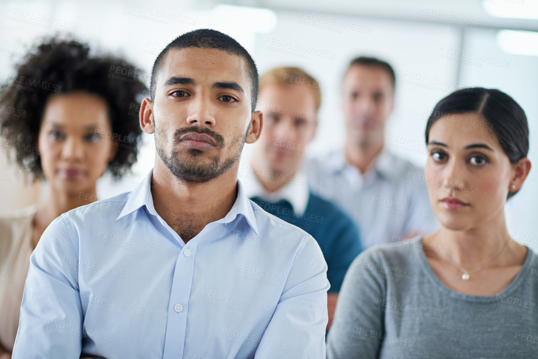 Buy stock photo Portrait, confident or business people in group with support and teamwork at human resources office. Diversity, men and women standing in startup together with pride, staff solidarity and opportunity