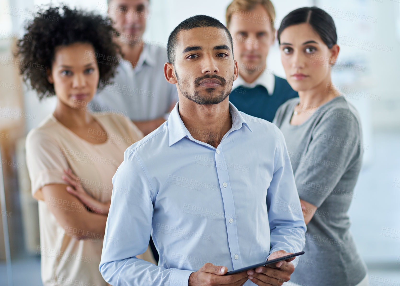 Buy stock photo Portrait, tablet or business people in group with leadership and teamwork at human resources office. Diversity, men and women standing in startup together with trust, staff solidarity and mentorship