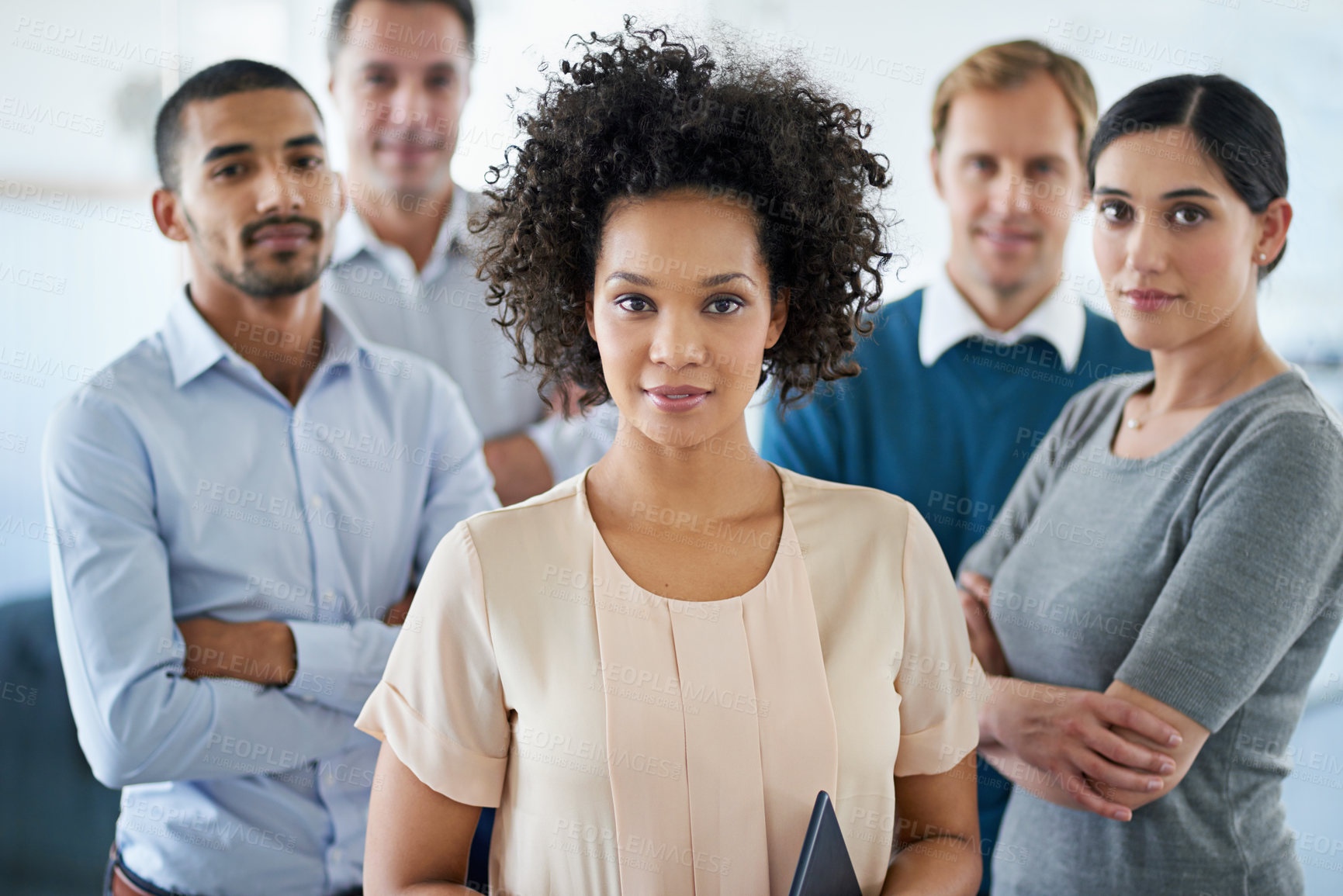 Buy stock photo Collaboration, leadership and portrait of proud business people in office for administration or management. About us, diversity and serious with employee group in workplace together for teamwork