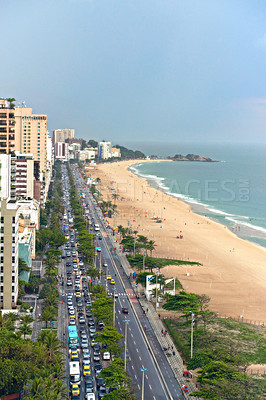 Buy stock photo Drone, beach and road with nature, sunshine and vacation with getaway trip, Rio de Janeiro and summer. Seaside, ocean and sand with buildings, travel and adventure with journey, aerial view or Brazil