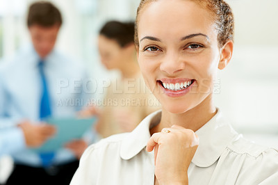 Buy stock photo Happy, portrait and business woman in the office with positive, good and confident attitude. Smile, pride and professional female designer from Mexico with creative career in modern workplace.