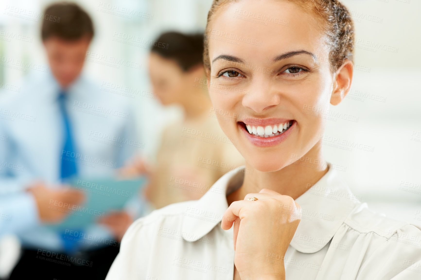 Buy stock photo Happy, portrait and business woman in the office with positive, good and confident attitude. Smile, pride and professional female designer from Mexico with creative career in modern workplace.