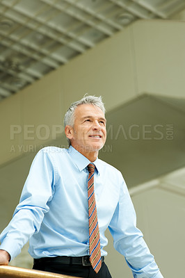 Buy stock photo Businessman, thinking and confident or business company, corporate success or future growth. Male person, mature manager and thoughts for office balcony vision or professional, planning or mission