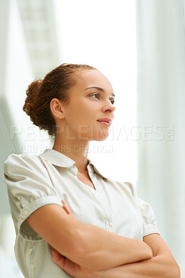 Buy stock photo Face, businesswoman and thinking with arms crossed in office for future planning, vision and goal. Professional, female entrepreneur and startup with idea in cool, trendy and formal fashion for job
