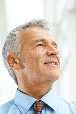 Buy stock photo Businessman, thinking and confident for corporate future, company success or employee growth idea. Male person, mature manager and thoughts of office work vision or professional, planning or mission