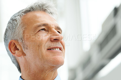Buy stock photo Businessman, thinking and confident or business smile for  future corporate, company or growth idea. Male person, mature manager and thoughts of office vision for professional, planning for project