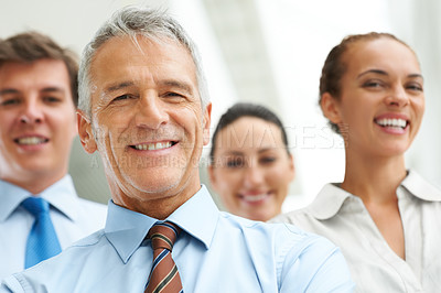 Buy stock photo Portrait, smile and business people with teamwork, cooperation and professional in a workplace. Staff, group and manager with employees, cooperation and partnership with solidarity, joy and planning