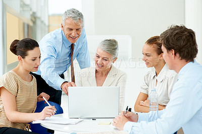 Buy stock photo Laptop, meeting and collaboration with a management team in the office for planning, strategy or discussion. Computer, business and training with an employee group in the workplace for conversation
