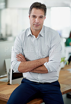 Buy stock photo Portrait of a smiling mature businessman sitting on his desk
