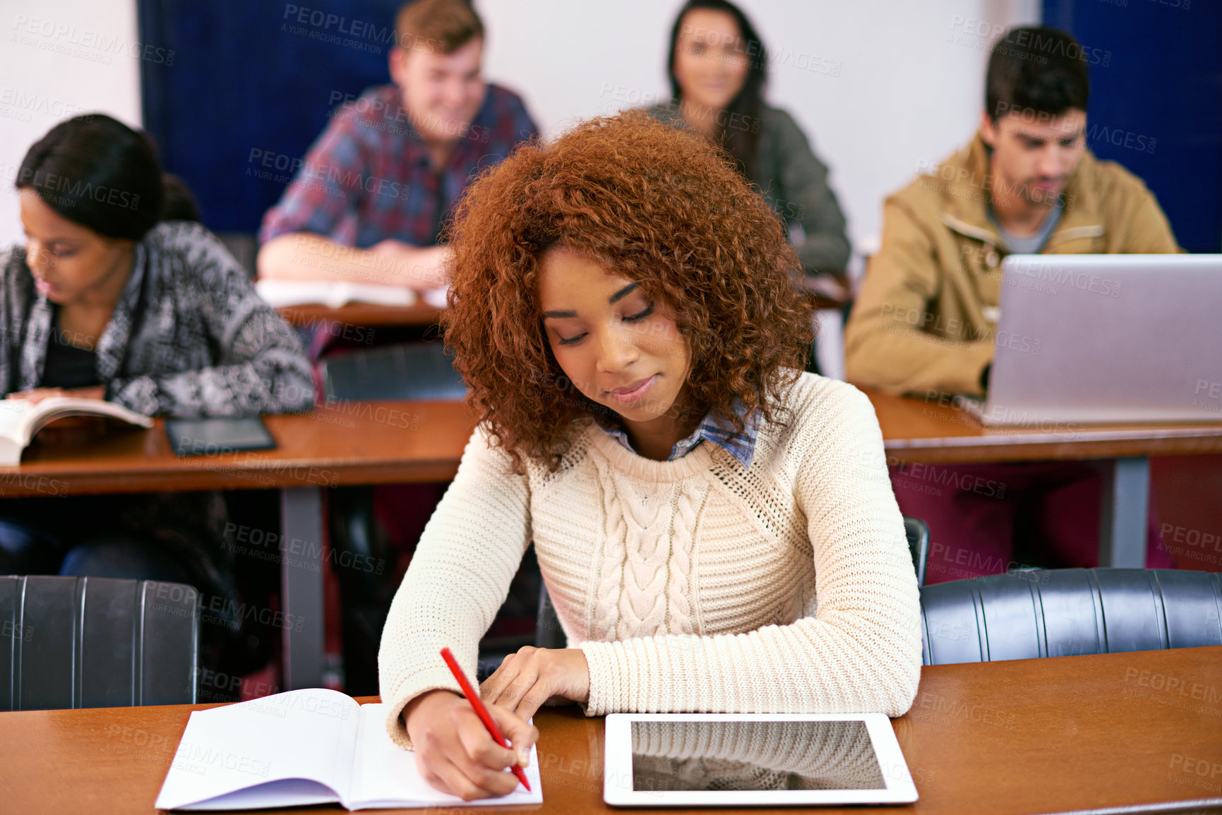 Buy stock photo University, girl and writing with tablet in classroom for project, knowledge and research at campus. Education, book and student with technology at academy for learning, studying and scholarship