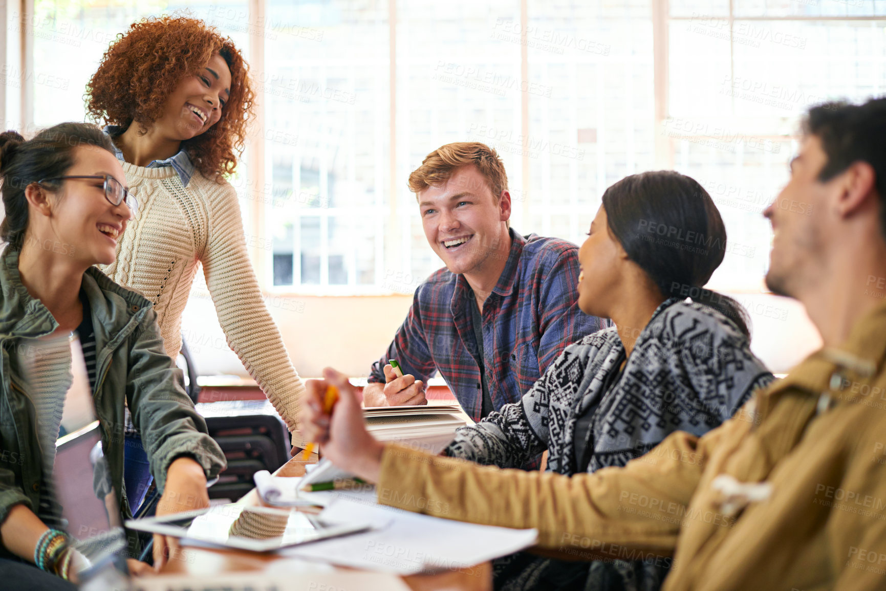 Buy stock photo Classroom, students and teamwork in university for answer, information and education. College, learners and discussion on campus for brainstorming, project and learning in collaboration together