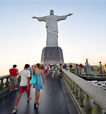 Buy stock photo A group of tourists on the path to see the statue, Christ the Redeemer in Rio