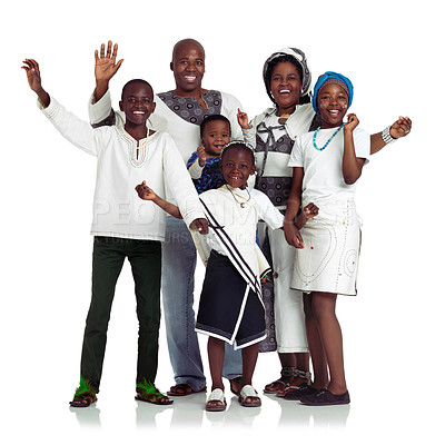 Buy stock photo Studio shot of a traditional african family waving happily, isolated on white