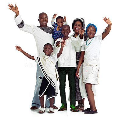 Buy stock photo Studio shot of a traditional african family waving happily, isolated on white
