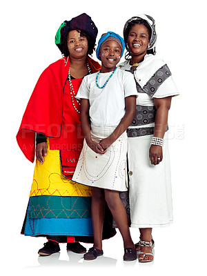 Buy stock photo African family, fashion and kid portrait in studio, proud heritage and tradition on white background. Parents, lgbtq couple and teenager daughter for culture bonding, confident and love for support