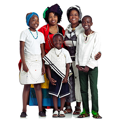 Buy stock photo Studio shot of two traditional african women with their children against a white background