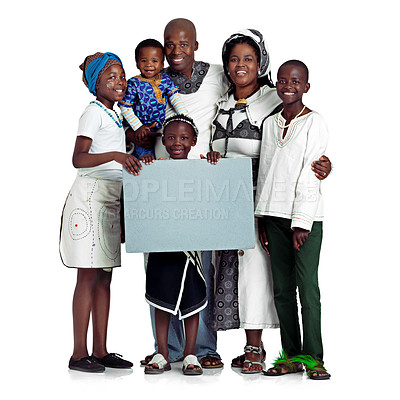 Buy stock photo African family, portrait and blank board in studio for culture, placard and hug on white background. Parents, children and empty display for mockup space, happiness and embrace for security on poster