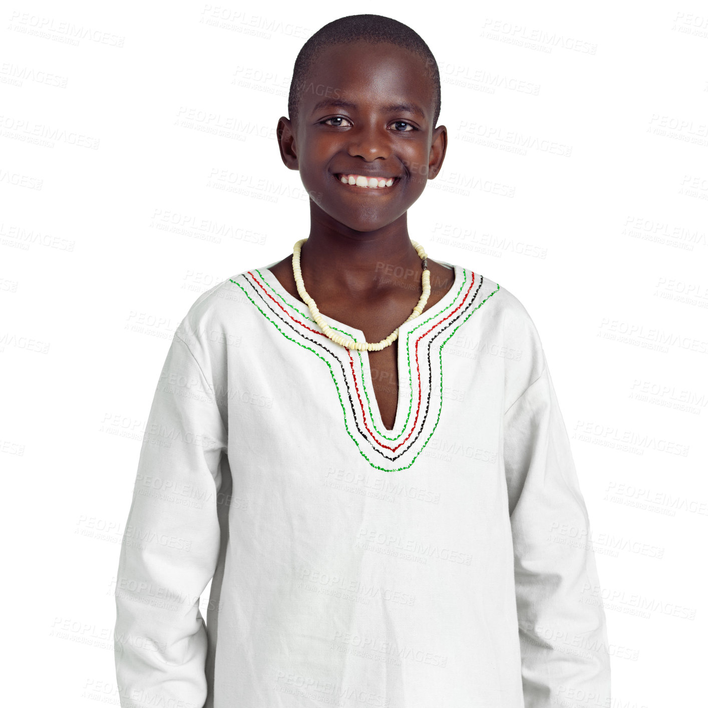 Buy stock photo Traditional, fashion and portrait of black boy in studio for heritage, confidence and outfit. Happy, African child and face with necklace accessory for culture, pride and kitenge on white background