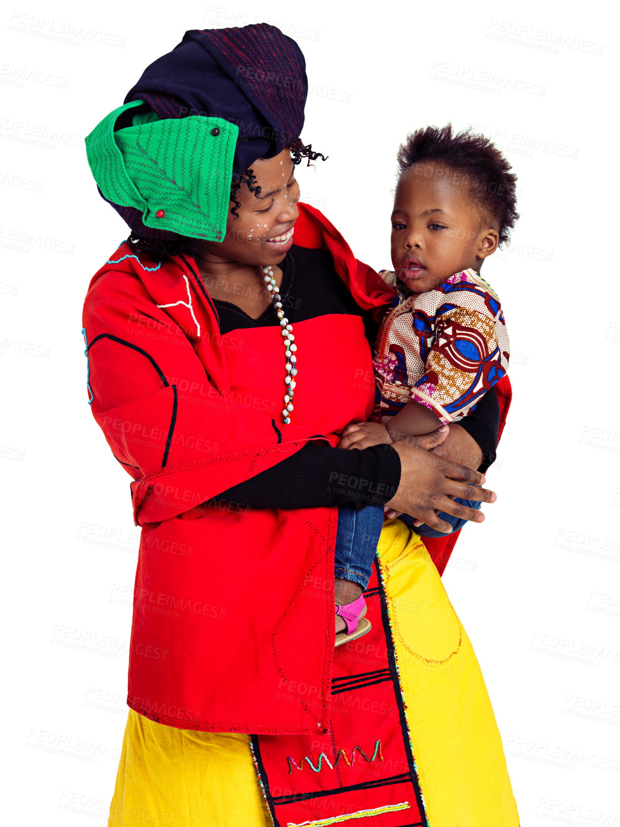 Buy stock photo Traditional, happy and African mother with baby in studio for fashion, bonding and connection. Culture, love and black mom holding girl infant with pride for heritage outfit by white background.