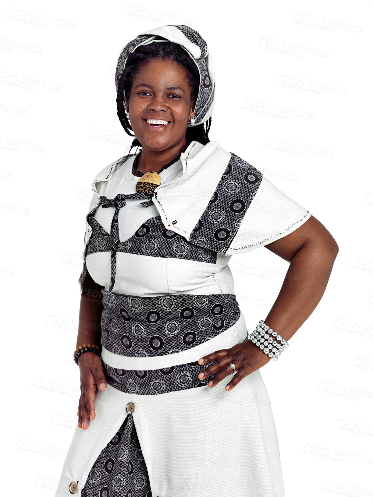 Buy stock photo Studio portrait of an african woman dressed in traditional clothing isolated on white