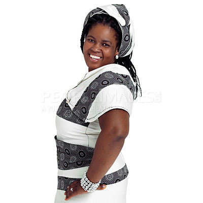 Buy stock photo Fashion, African and portrait of black woman in studio with confidence, trendy style and pride. Culture, traditional outfit and isolated person with ethnic clothes for heritage on white background