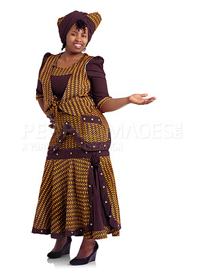 Buy stock photo Studio portrait of an african woman dressed in traditional clothing isolated on white