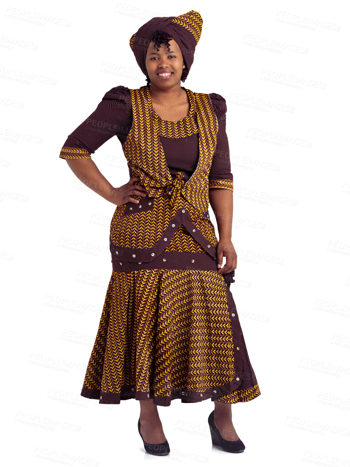 Buy stock photo Clothes, African and portrait of black woman in studio with confidence, trendy style and pride. Culture, traditional outfit and isolated person with ethnic fashion for heritage on white background