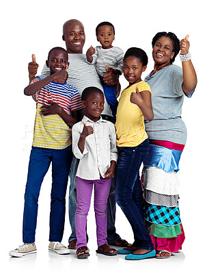 Buy stock photo Studio shot of an african family giving thumbs up signs, isolated on white
