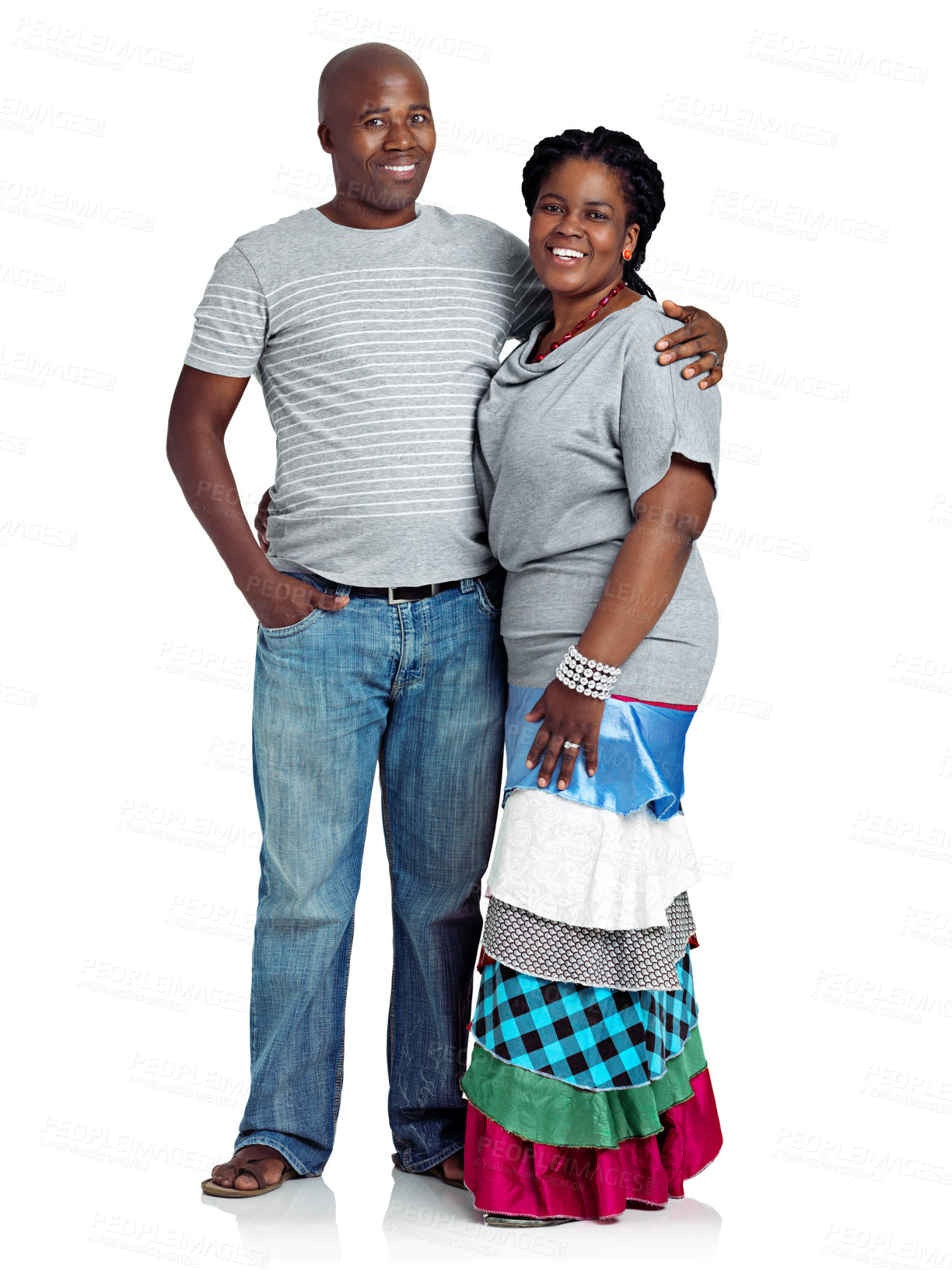 Buy stock photo Studio shot of a happy black couple standing against a white background