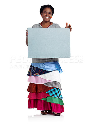 Buy stock photo Studio portrait of an african woman holding up a blank board against a white background