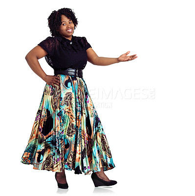 Buy stock photo Portrait, happy black woman and presentation with palm for mockup space, ads or fashion discount. Smile, promotion and model show offer, sales information and news isolated on white studio background