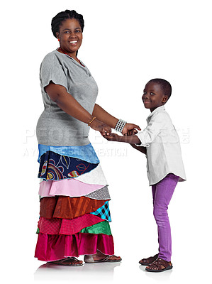Buy stock photo Full length studio shot of an african woman dancing with her young daughter